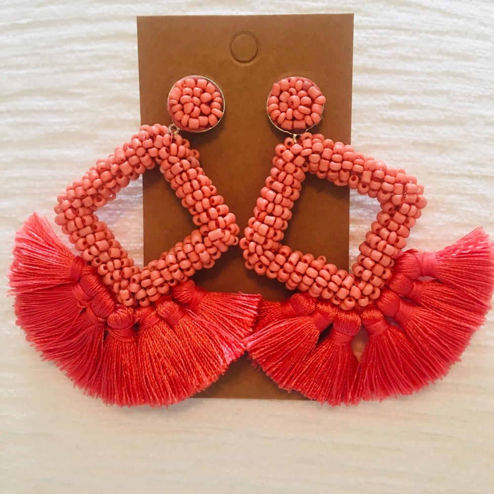 Pink beaded drop tassel earrings